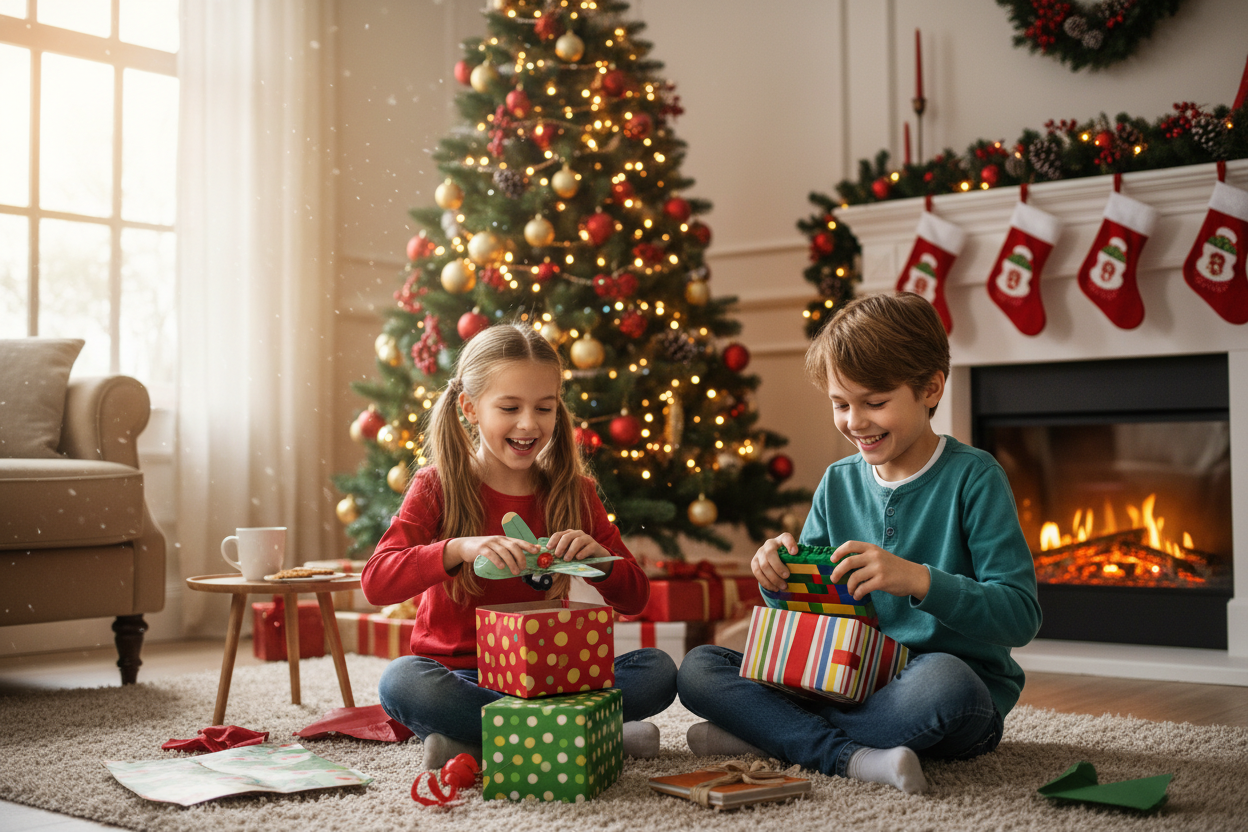 junge und mädchen packen mit freude ihr weihnachtsgeschenk aus